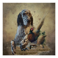 English setter with pheasants, art
