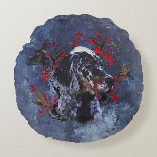 English setter with pheasants, art   round cushion