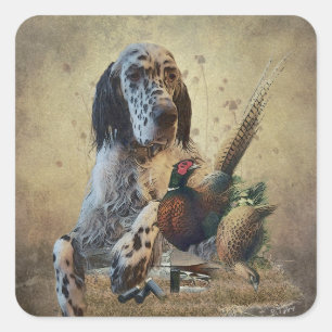 English setter with pheasants, art square sticker