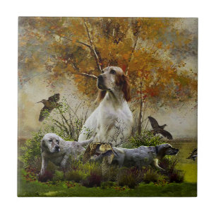English setter with pheasants, art      tile