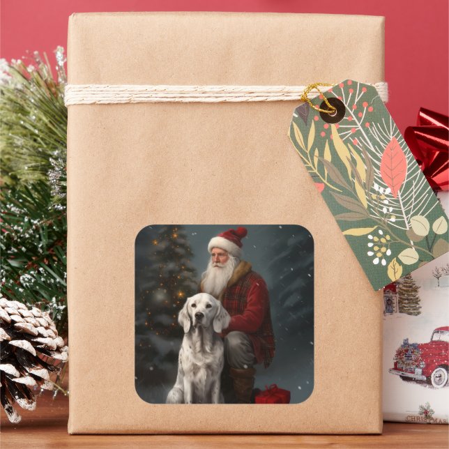 English Setter With Santa Claus Festive Christmas Square Sticker (Holiday)