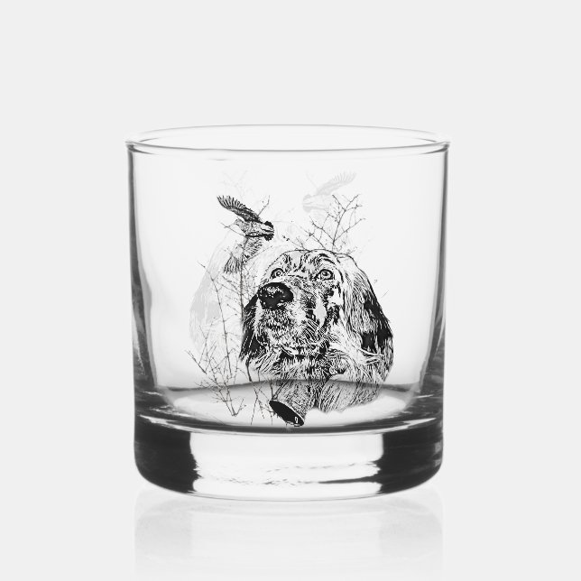 English Setter , Woodcock hunting Whiskey Glass (Front)