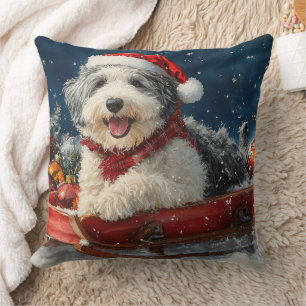 English Sheepdog in Sledge Let it Snow Christmas Cushion