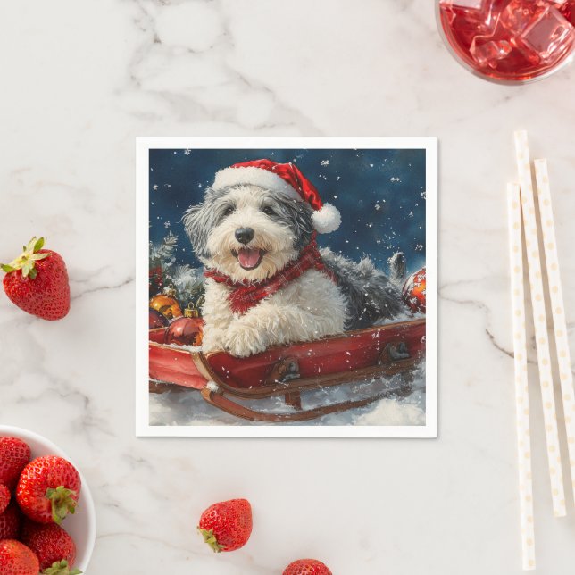 English Sheepdog in Sledge Let it Snow Christmas Napkin (Insitu)