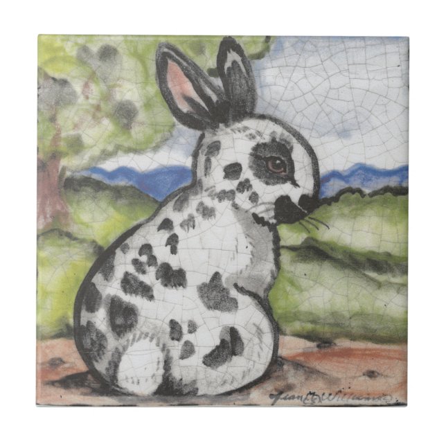 English Spot Rabbit Bunny Black & White Easter Art Tile (Front)