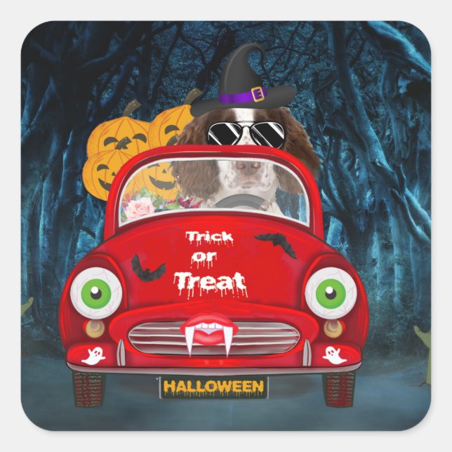 English Springer Spaniel dog Car Scary Halloween Square Sticker (Front)