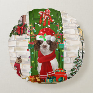 English Springer Spaniel Dog Christmas  Round Cushion