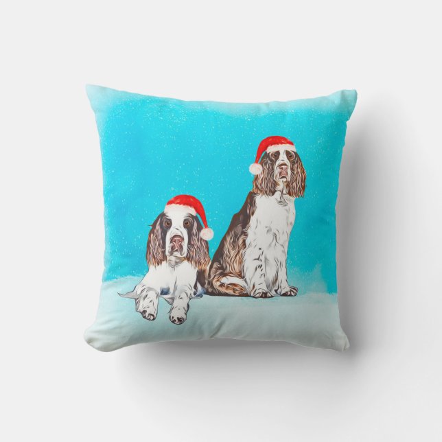 English Springer Spaniel Dog In Snow Christmas Hat Cushion (Front)