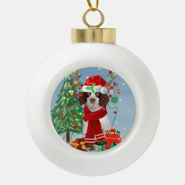 English Springer Spaniel dog with Christmas gifts  Ceramic Ball Christmas Ornament (Front)