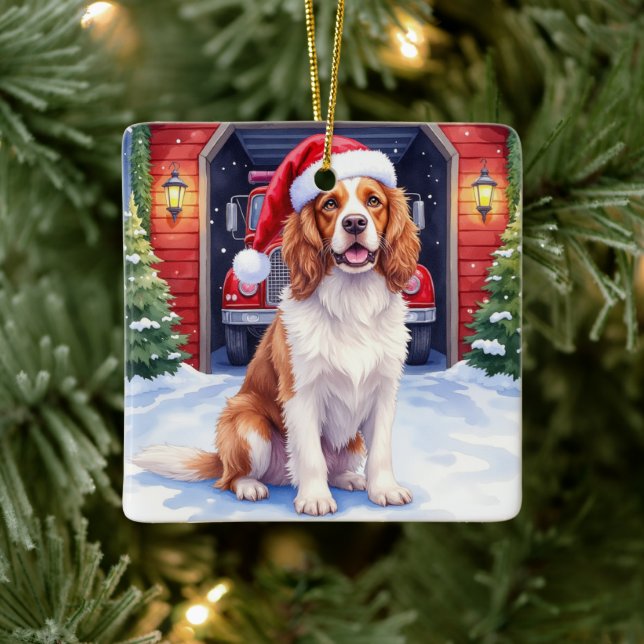 English Springer Spaniel Fire Station Santa Ceramic Ornament (Tree)