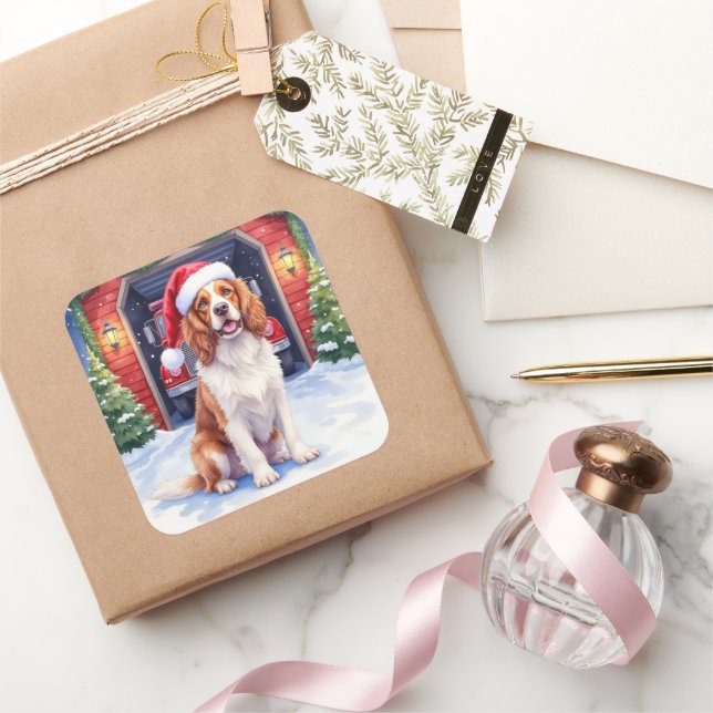 English Springer Spaniel Fire Station Santa Square Sticker (Gifting)