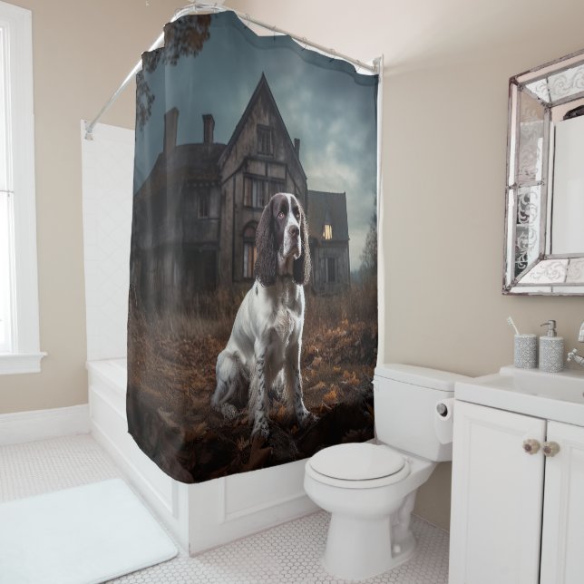 English Springer Spaniel Halloween Scary Shower Curtain (In Situ)