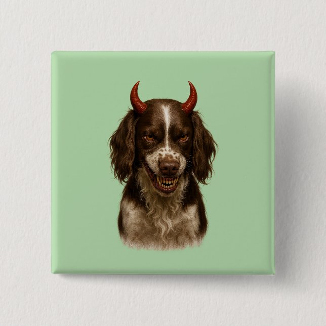 English Springer Spaniel looking devilish badges (Front)