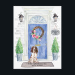 English Springer Spaniel Moving Announcement  Postcard<br><div class="desc">Announce your new address with our stylish announcement featuring an English Springer Spaniel,  blue front door,  welcome mat,  slate sign,  topiaries and a floral wreath set on a grey brick background.</div>