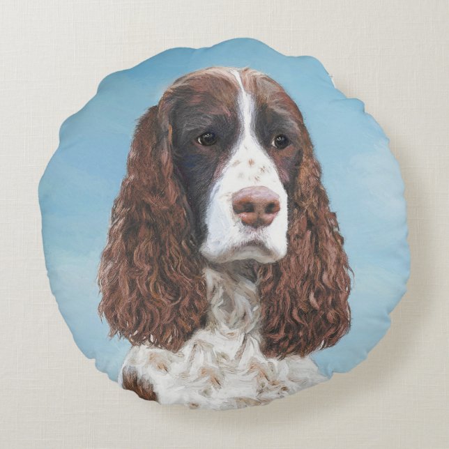 English Springer Spaniel Painting Original Dog Art Round Cushion (Back)