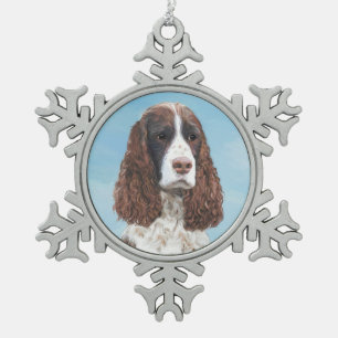 English Springer Spaniel Painting Original Dog Art Snowflake Pewter Christmas Ornament