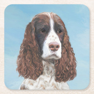 English Springer Spaniel Painting Original Dog Art Square Paper Coaster
