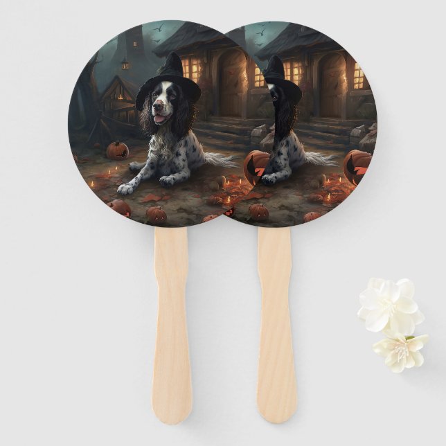 English Springer Spaniel Pumpkins Halloween Scary  Hand Fan (Front and Back)