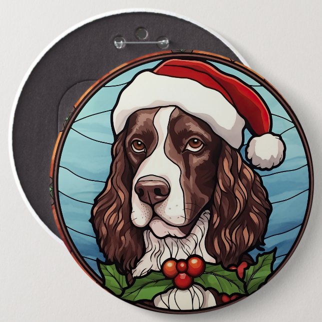 English Springer Spaniel Stained Glass Christmas 6 Cm Round Badge (Front & Back)