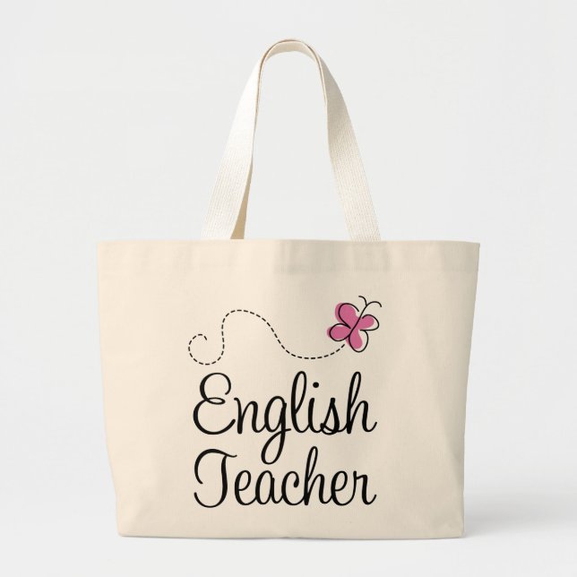 English Teacher Pink Butterfly Large Tote Bag (Front)