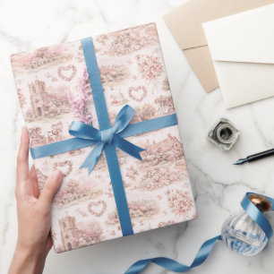 English Village Wedding Watercolor Pattern Pink Wrapping Paper