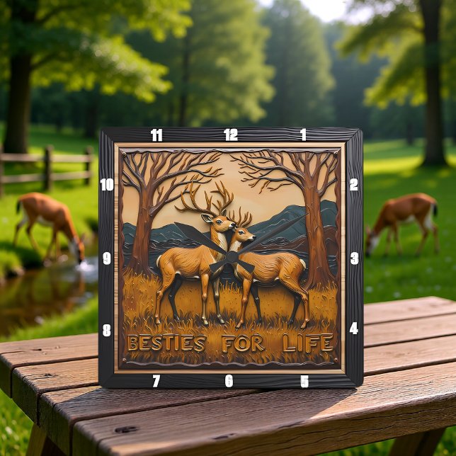 Engraved Deer Pair Sunset Forest Square Wall Clock (Creator Uploaded)