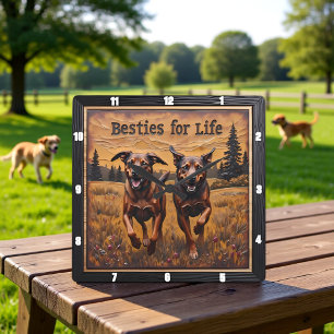 Engraved Dog Pair Happy Forest Square Wall Clock