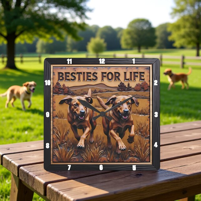 Engraved Dog Pair Running Field Square Wall Clock (Creator Uploaded)