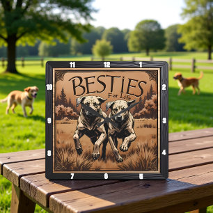 Engraved Dog Pair Sepia Forest Square Wall Clock