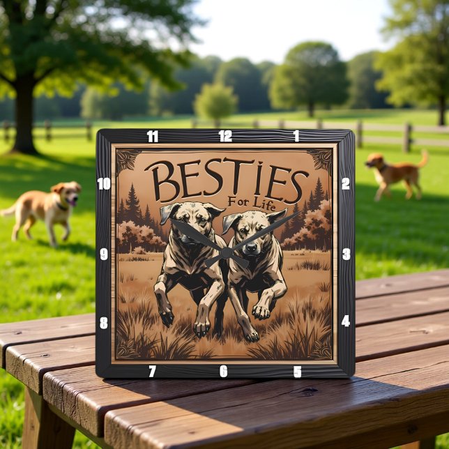 Engraved Dog Pair Sepia Forest Square Wall Clock (Creator Uploaded)