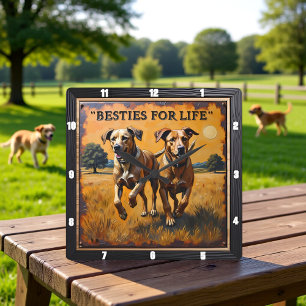 Engraved Dog Pair Sunset Field Square Wall Clock