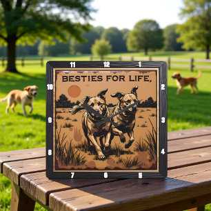 Engraved Dog Pair Tan Orange Square Wall Clock