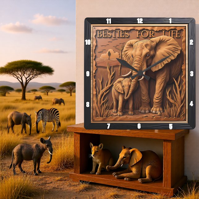 Engraved Elephant Mother Baby At Dust Square Wall Clock (Creator Uploaded)