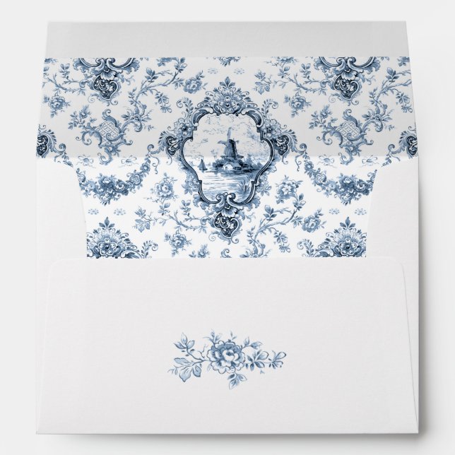 Engraved Floral Toile w/Windmill & Boats-Blue Envelope (Back (Bottom))