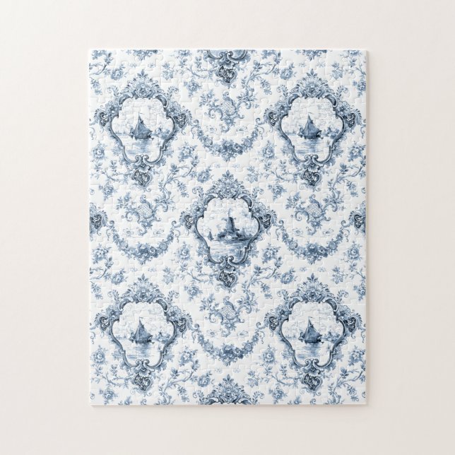 Engraved Floral Toile w/Windmill & Boats-Blue Jigsaw Puzzle (Vertical)