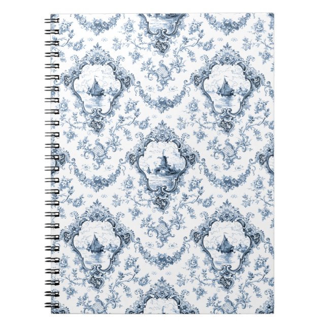 Engraved Floral Toile w/Windmill &amp; Boats-Blue Notebook (Front)