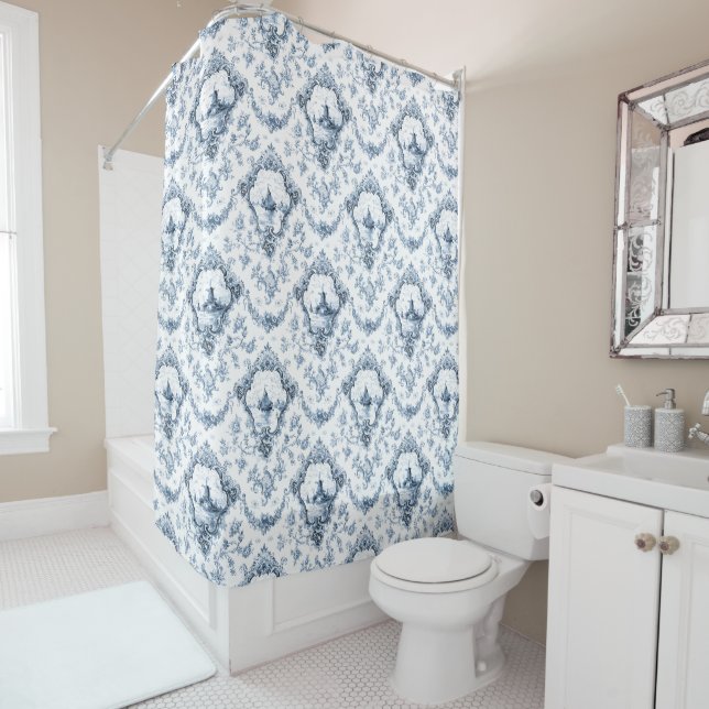 Engraved Floral Toile w/Windmill & Boats-Blue Shower Curtain (In Situ)