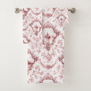 Engraved Floral Toile w/Windmill & Boats-Pink Bath Towel Set