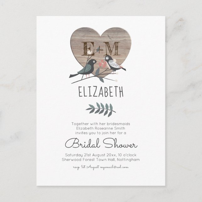 Engraved Heart Woodland Wedding Bridal Shower Postcard (Front)