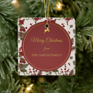 Engraved Holly and Mistletoe, Gold Reindeer. Ceramic Ornament