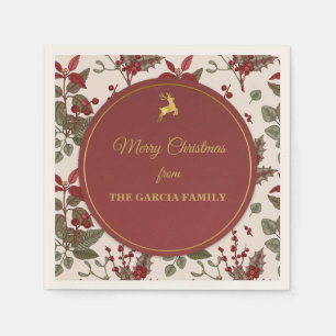 Engraved Holly and Mistletoe, Gold Reindeer. Napkin