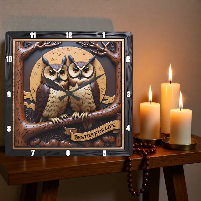 Engraved Owls Branch Banner Brown Square Wall Clock (Creator Uploaded)