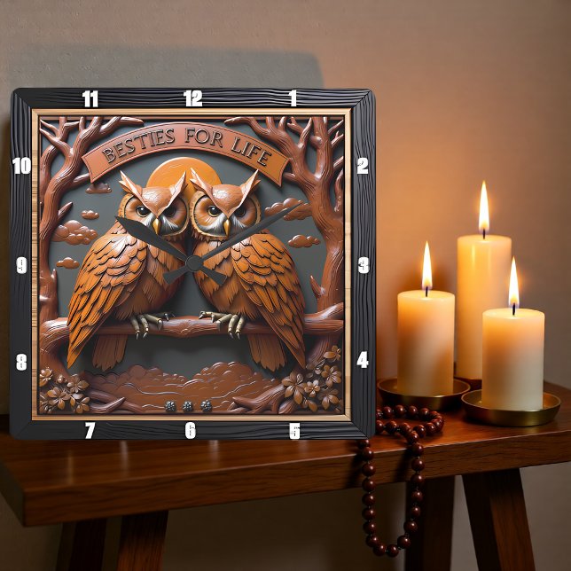 Engraved Owls Branch Orange Besties Square Wall Clock (Creator Uploaded)