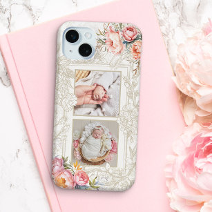 Engraved Pink Watercolor Girly Floral Two-Photo iPhone 15 Mini Case