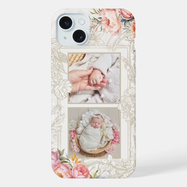 Engraved Pink Watercolor Girly Floral Two-Photo iPhone Case (Back)