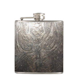 Engraved Silver Pattern Hip Flask