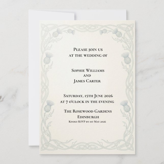 Engraved Thistle Knotwork Scottish Wedding Invitation (Front)