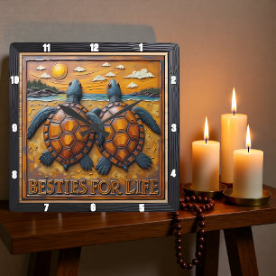 Engraved Turtle Pair Blue Shore Square Wall Clock