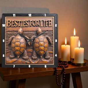 Engraved Turtle Pair Wood Grain Square Wall Clock