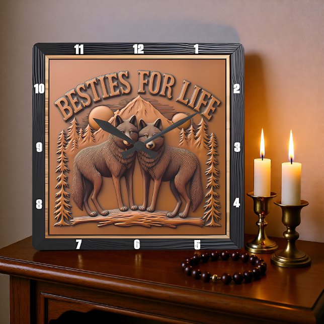 Engraved Wolf Pair Mountain Sunset Square Wall Clock (Creator Uploaded)